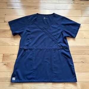 Carhartt Women Scrub Medium  Blue V-Neck‎ Button Adjustable Pockets Short Sleeve